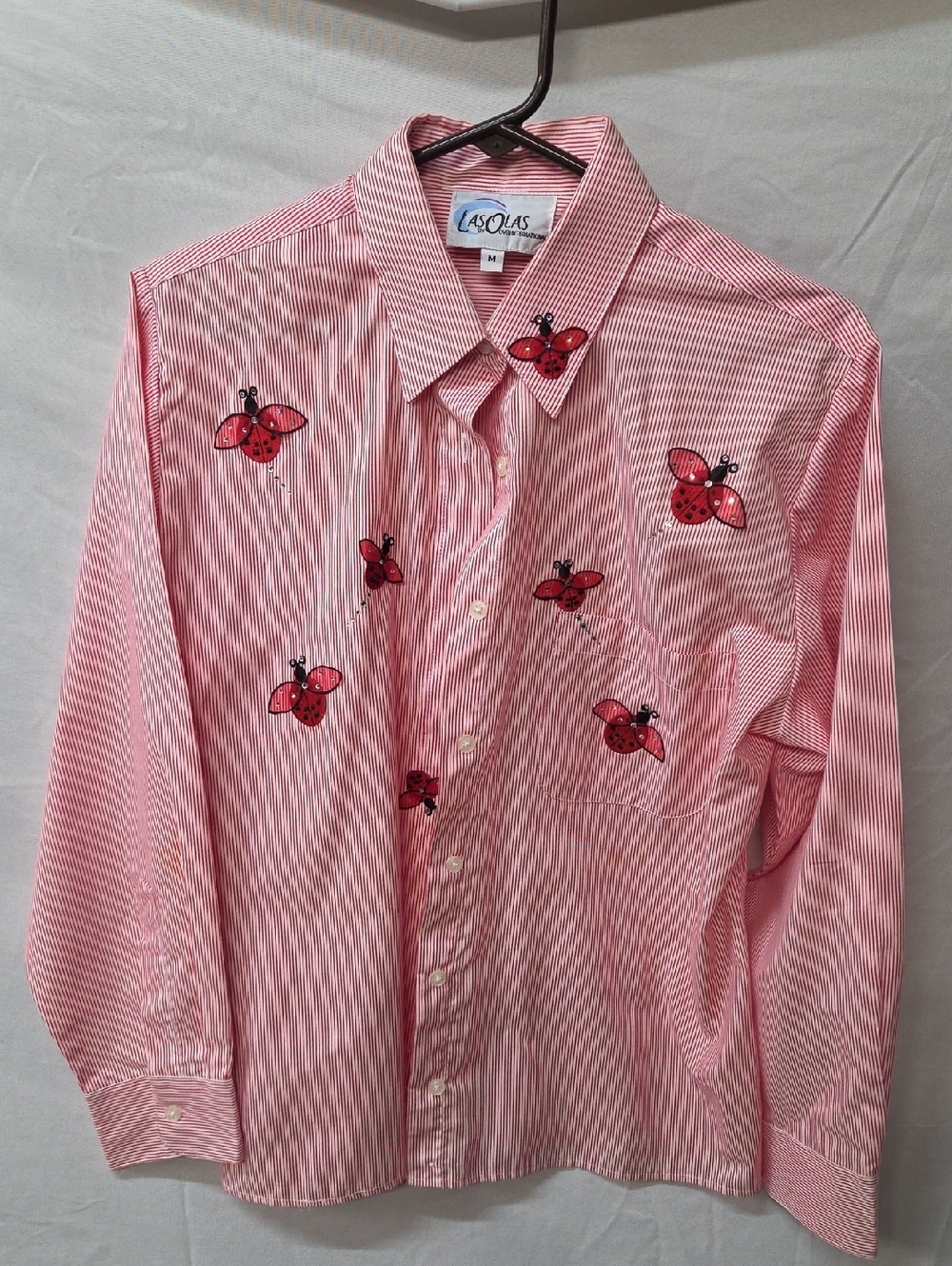 LAS OLAS Pink Striped Button-Down Shirt with Ladybug Embroidery Med